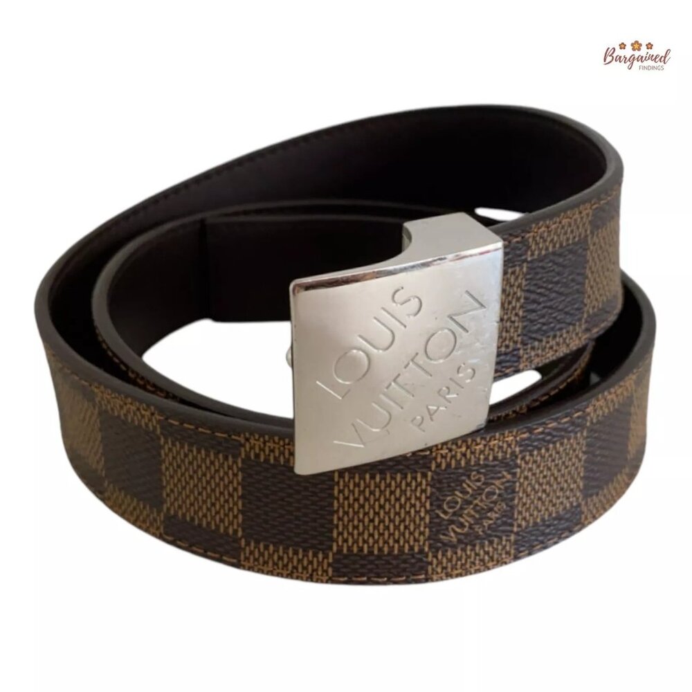 Auth Louis Vuitton Brown Damier Coated Canvas Leather Silver Buckle Belt 80/32